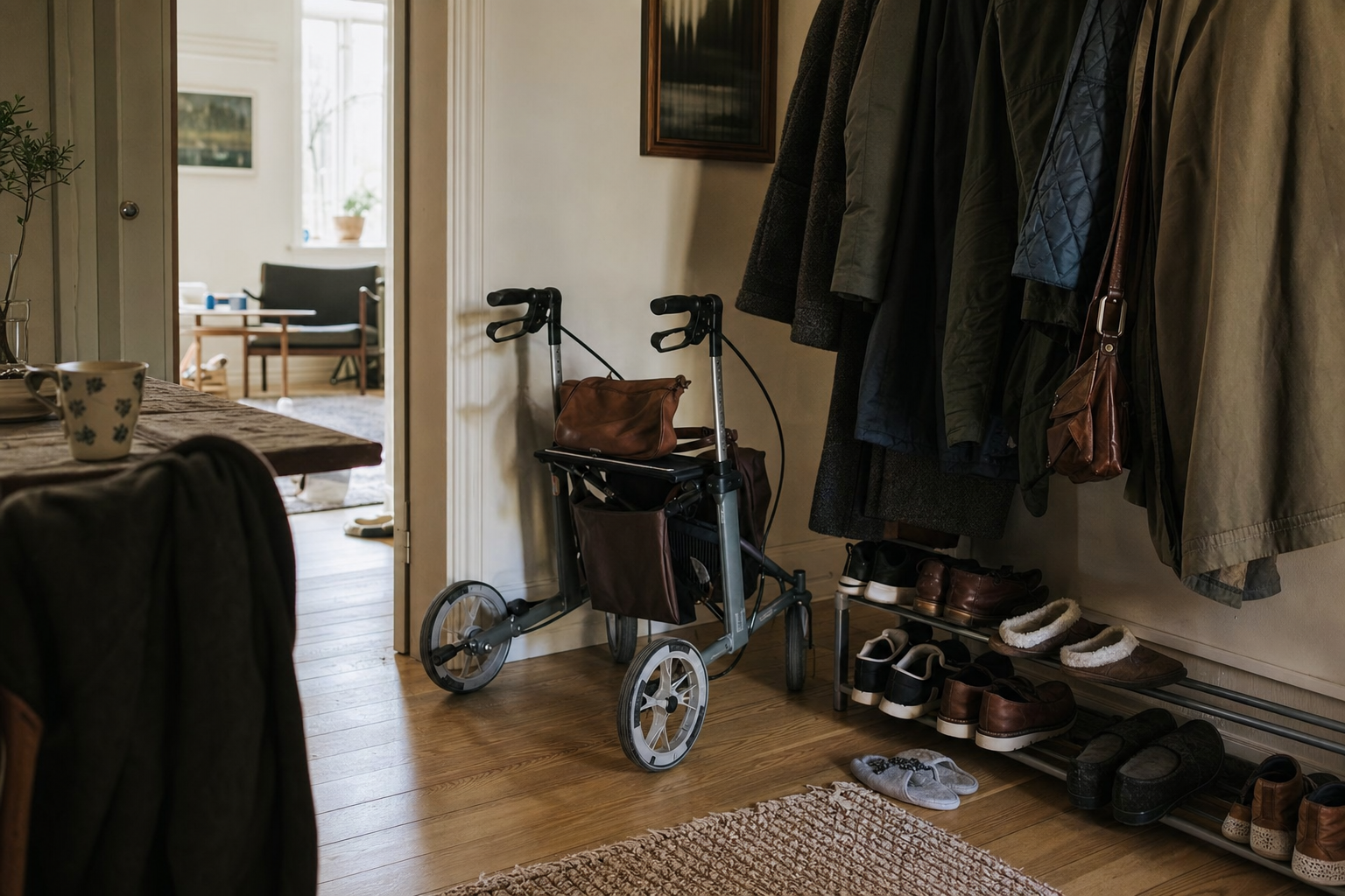 Rollator parkeret i en dansk entré ved siden af et skohylde og overtøj, blødt naturligt lys gennem vinduet